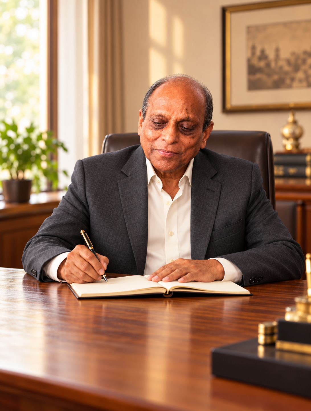 Shri N. Tarachand Dugar writing at his desk